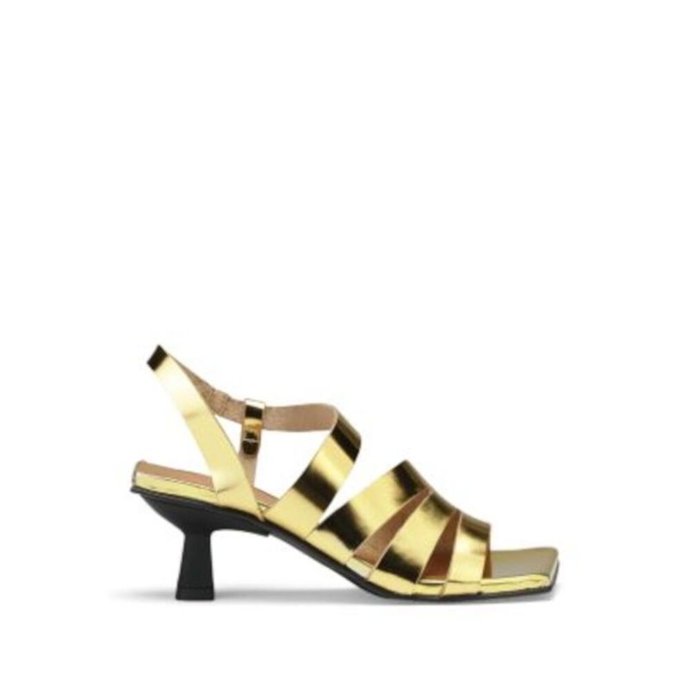 GANNI Womens Gold Asymmetric Square Toe Flare Leather Slingback Sandal 37